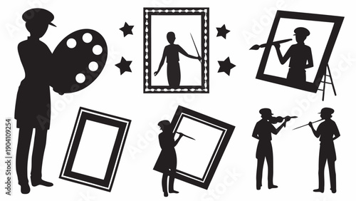 Silhouettes of artists creating art with paintbrushes and palettes