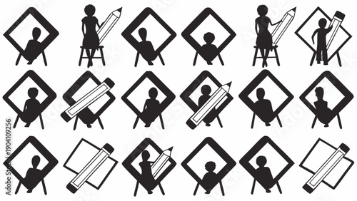 Silhouettes of people drawing and presenting on easels