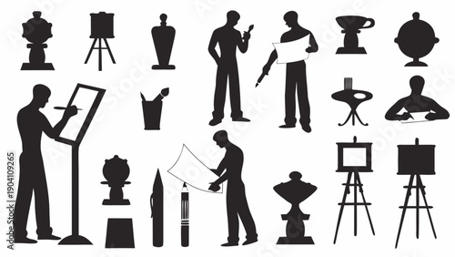 Artists at work with easels and sculptures