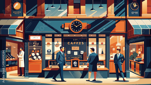 Colorful storefront with shoppers and vibrant storefront displays