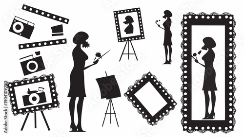 Woman creating art with paintbrush in studio with frames and cameras