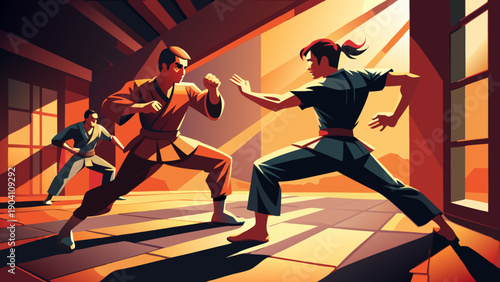 Clash of warriors in a fiery, dramatic battle scene under dim lighting