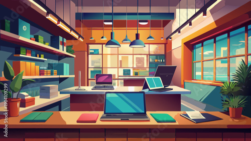 A cozy living room with modern decor and colorful lighting during sunset hours.