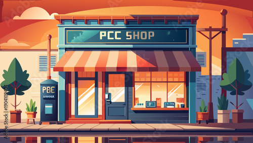 Vibrant shopfront with a colorful awning and bright storefront signage