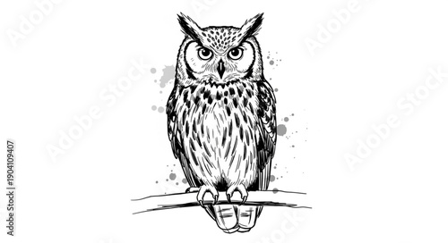 Detailed black and white illustration of a great horned owl perched on a branch.