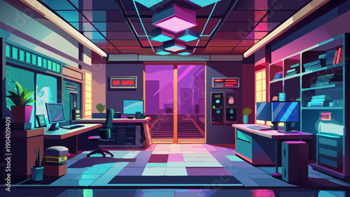 A futuristic cyberpunk bar with neon lights and holographic displays illuminating the interior