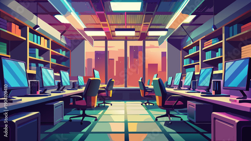 A futuristic library filled with digital and traditional books in a bright, modern setting