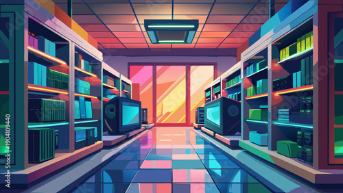 Cyberpunk-inspired futuristic server room with glowing neon lights and holographic displays