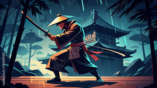 Mysterious warrior in a stormy fortress with ancient relics and glowing runes.