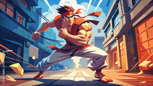 Vibrant city street scene with a dynamic character in mid-leap action against a colorful urban backdrop