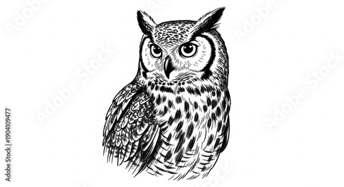 Detailed Black and White Illustration of a Great Horned Owl.