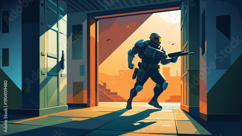 A lone warrior confronts shadows in a futuristic urban corridor at dusk