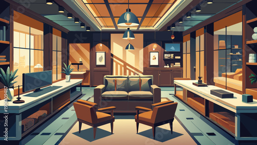 A cozy vintage living room with traditional decor and warm lighting ambiance