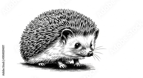 Detailed Black and White Illustration of a Small Hedgehog.