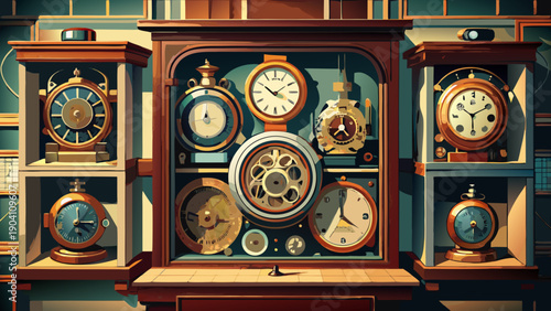 Elegant vintage clock and antique decor collection in a grand display cabinet