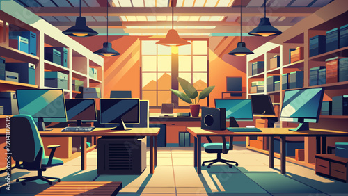 Cozy modern library with warm lighting and diverse seating arrangements