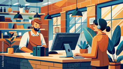 Busy café patrons enjoying drinks and digital devices together in a vibrant setting