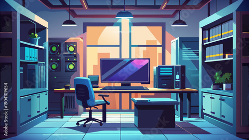 A futuristic home office blending vintage charm with modern technology and cozy ambiance