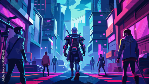Neon-lit futuristic cityscape with mysterious lone figure exploring the urban jungle at night