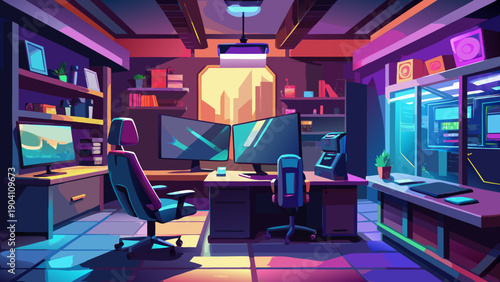 Cozy futuristic living room with vibrant neon lighting and retro gaming console