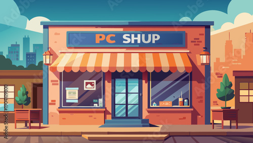 Vibrant shopfront with a colorful awning and bright storefront signage