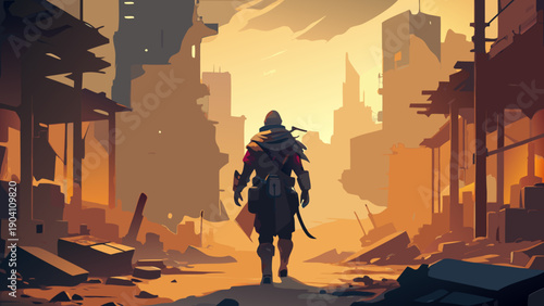 Silhouetted figure standing amidst ruins of a fiery, abandoned cityscape at dusk