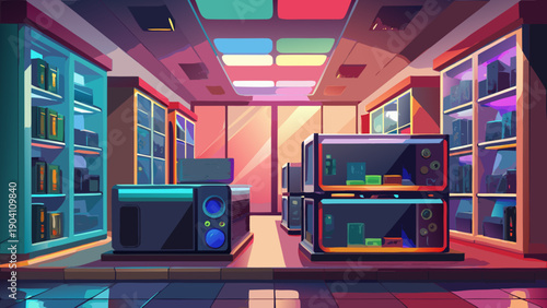 Cyberpunk-inspired futuristic server room with glowing neon lights and holographic displays