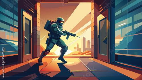 A lone warrior confronts shadows in a futuristic urban corridor at dusk