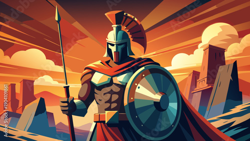 Mythical warrior battling amidst celestial flames and stormy skies