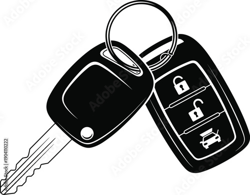 Black and white illustration of car key with attached key fob showing lock, unlock, trunk buttons
