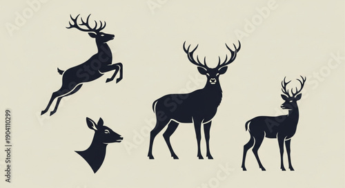 Silhouette Collection of Majestic Stags and Deer in Various Poses.