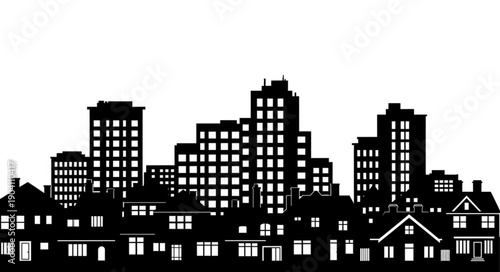 Silhouette of a city skyline with various buildings.
