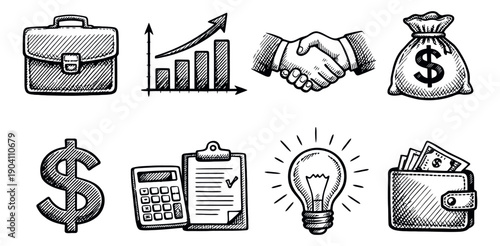 Hand drawn line art business icons set featuring a briefcase, growing graph, handshake, money bag, dollar sign, calculator, checklist, lightbulb, and wallet for finance and success concepts