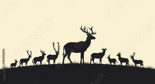 Silhouette herd of deer standing on a hill at sunset.