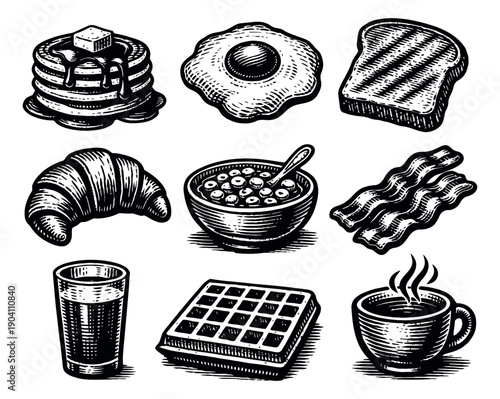 Hand drawn breakfast food set featuring various classic morning meals for menu design