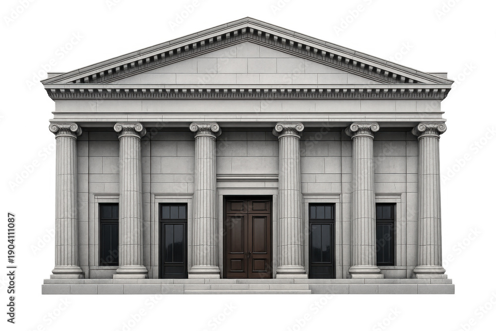 Obraz premium Neoclassical building facade with classical architectural columns, pediment, and main entrance, transparent background