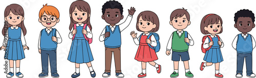 Cute school children cartoon characters set, diverse boys and girls wearing uniforms and backpacks, happy students illustration isolated on white background