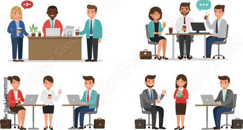 Modern office teamwork illustration, diverse business people collaboration, coworkers working together, coffee break, business meeting, communication concept, vector flat design