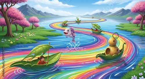 Main Subject: Small characters navigating a winding, multicolored rainbow river in leaf-shaped boats.