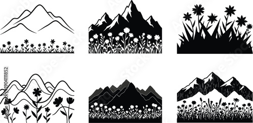 Mountain landscape with wildflowers, black and white nature silhouettes, floral meadow, alpine peaks, botanical art, scenic illustration, vector design