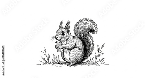 Detailed illustration of a squirrel holding a nut in its paws.
