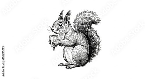 Detailed illustration of a squirrel holding a nut in its paws.