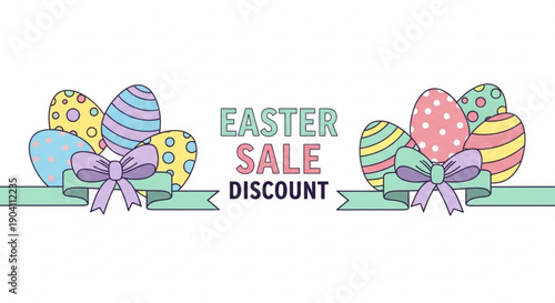 Easter sale discount banner with colorful eggs and ribbons on white background