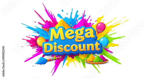 Vibrant mega discount sign with colorful splashes and balloons on white background