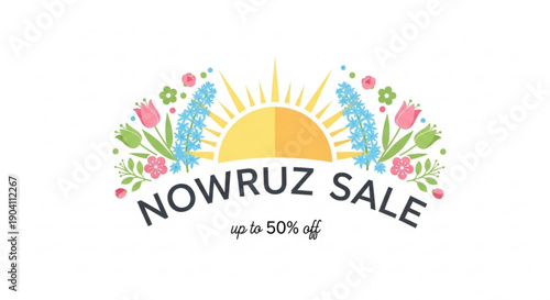 Nowruz sale banner with colorful floral design and sun