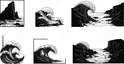 Ocean wave illustrations, dramatic sea art, coastal rock formations, black and white marine design, stylized surf, nature power, ink drawing
