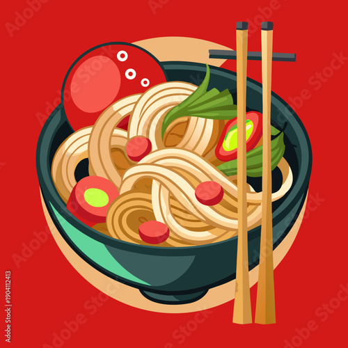Bowl of Udon Noodles with Chopsticks