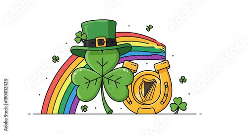 Lucky st patrick's day shamrock wearing green hat with rainbow and harp