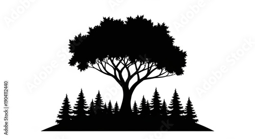 Large tree silhouette with coniferous forest landscape on white background symbolizing nature and serenity