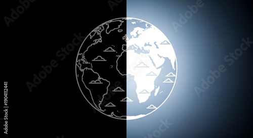 Global concept with divided earth in light and dark symbolizing contrast and duality with a gradient background